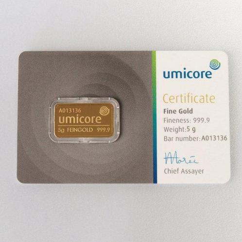 5 gram - Goud .999 - Umicore, Belgium - Verzegeld en met, Postzegels en Munten, Edelmetalen en Baren