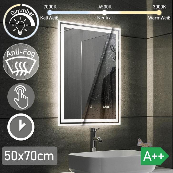 LED Badkamer spiegel 50x 70 cm, digitale klok, dimbaar, anti, Huis en Inrichting, Overige Huis en Inrichting, Verzenden