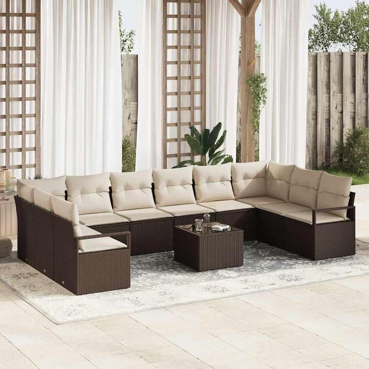 vidaXL Bankstel met kussen 11 pcs Bruin en Crème poly rattan, Tuin en Terras, Tuinsets en Loungesets, Nieuw, Verzenden