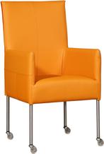 Oranje leren moderne eetkamerstoel - poot rond inox met wiel, Huis en Inrichting, Stoelen, Nieuw, Modern, Leer, Ophalen of Verzenden
