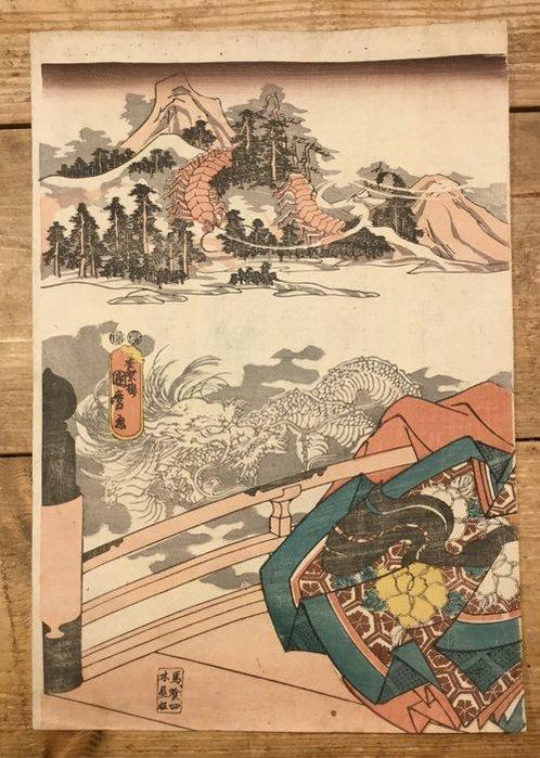 Japanse houtblok prent met een spectaculaire afbeelding van, Antiek en Kunst, Antiek | Overige Antiek