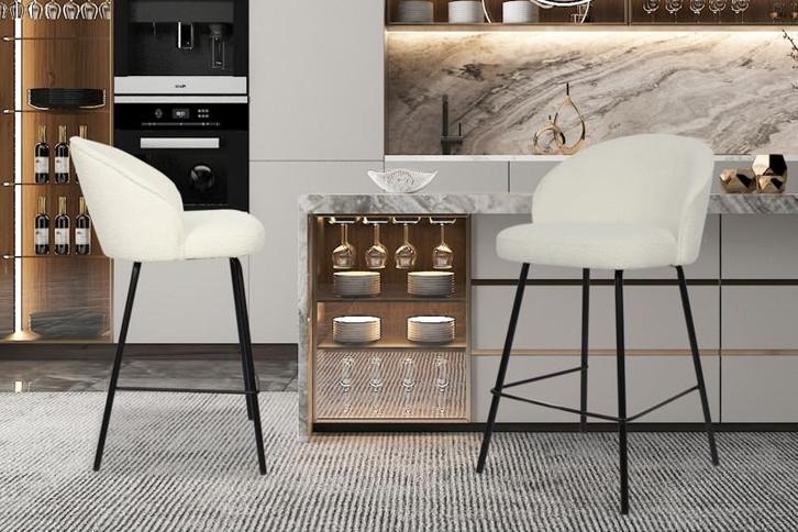 Barstoel June Wit Poten metaal en bekleding, Huis en Inrichting, Stoelen, Wit, Nieuw, Stof, Ophalen of Verzenden