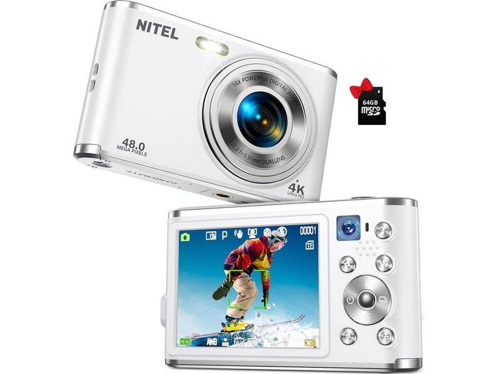NITEL 54MP23 - Digitale Camera - 48MP FHD 4K - Wit (64GB), Audio, Tv en Foto, Fotocamera's Digitaal, Nieuw, Verzenden
