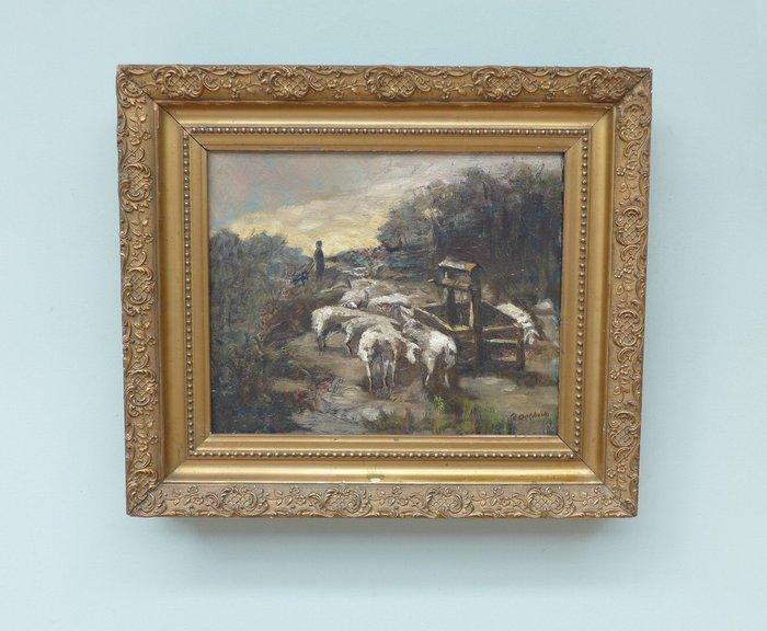 P. Oothout (XX) - Herder met kudde schapen bij hek in, Antiek en Kunst, Kunst | Schilderijen | Klassiek