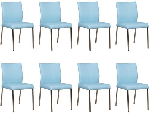 Set van 8 Lichtblauwe leren moderne eetkamerstoelen - poot, Huis en Inrichting, Stoelen, Overige kleuren, Vijf, Zes of meer stoelen