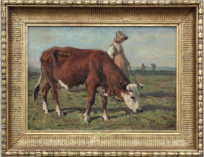 Louis Robbe (1806-1887) - Herderin met koe, Antiquités & Art, Art | Peinture | Classique