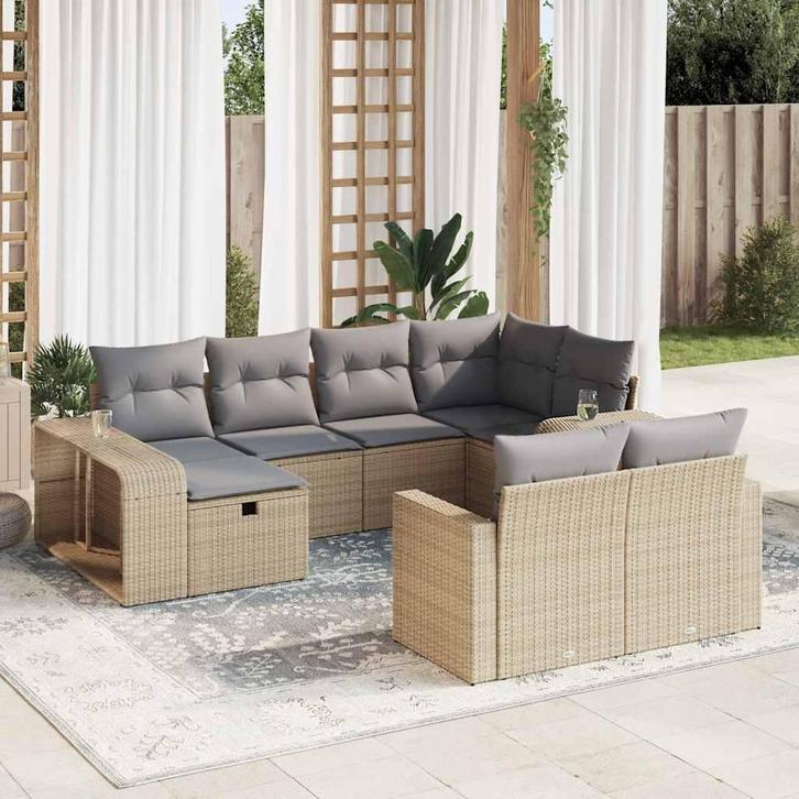 vidaXL 10-delige Loungeset met kussens poly rattan beige, Tuin en Terras, Tuinsets en Loungesets, Loungeset, Nieuw, Verzenden