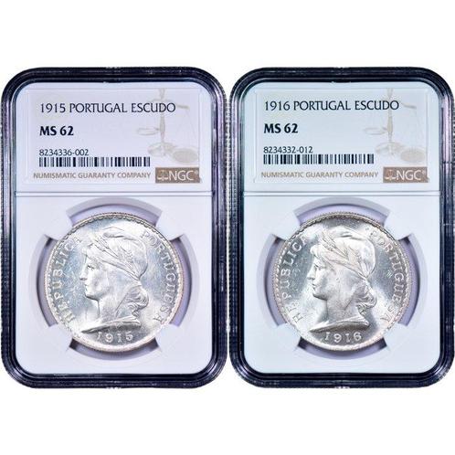 Portugal. Republic. 2 Moedas - 1 Escudo 1915 & 1916 - NGC -, Timbres & Monnaies, Monnaies | Europe | Monnaies non-euro