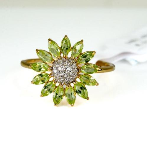 Ring - 14 karaat Geel goud Olivijn - Diamant -, Handtassen en Accessoires, Ringen