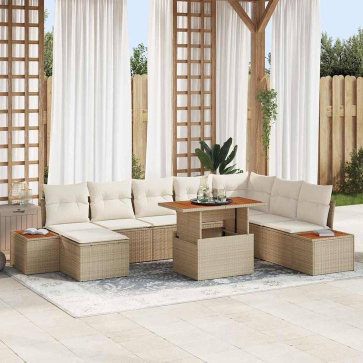 vidaXL Tuin Eettafel Set met kussen 9 pcs Beige en Crème, Tuin en Terras, Tuinsets en Loungesets, Nieuw, Verzenden