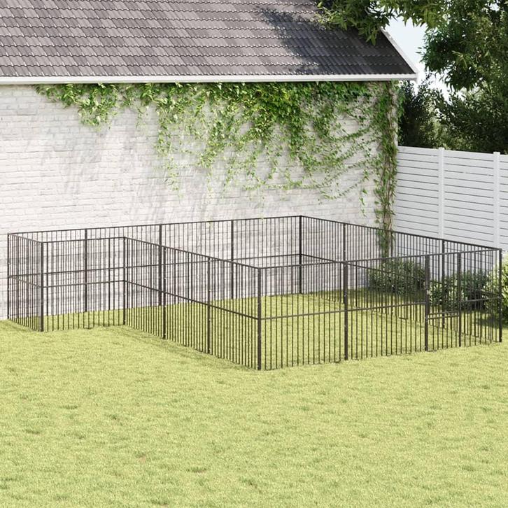 vidaXL Hondenkennel 16 panelen gepoedercoat staal zwart, Animaux & Accessoires, Maisons pour chiens, Envoi