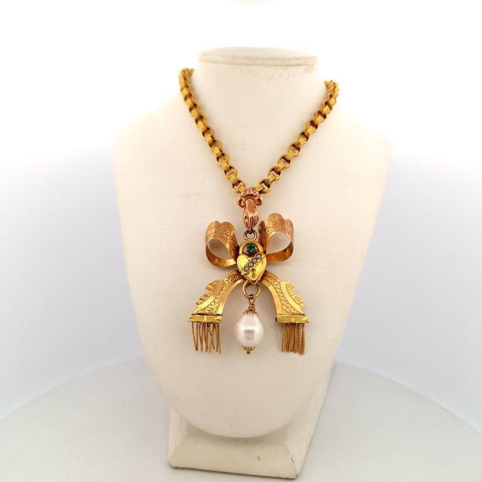 Collier avec pendentif - 12 carats Or jaune Perle - Émeraude, Handtassen en Accessoires, Antieke sieraden