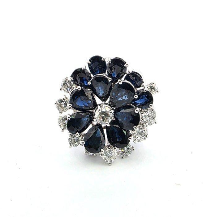 Ring - 18 karaat Witgoud Saffier - Diamant, Handtassen en Accessoires, Ringen