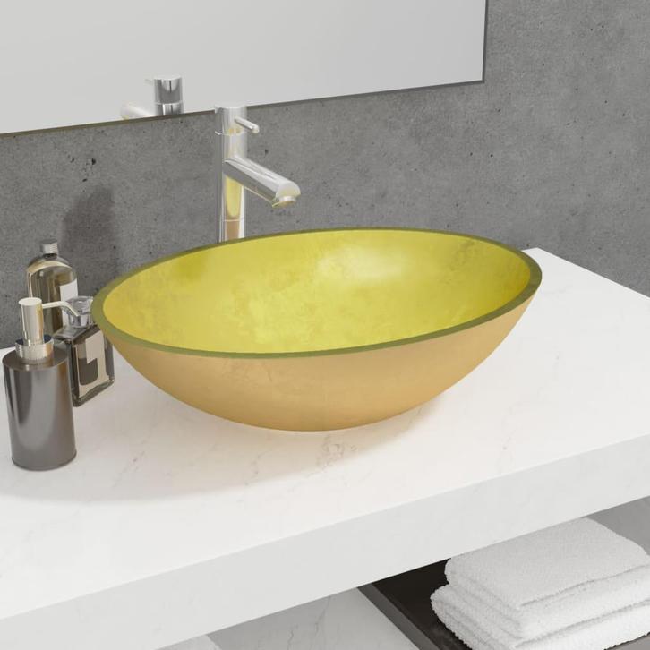 vidaXL Wasbak 50x37x14 cm glas goudkleurig, Doe-het-zelf en Bouw, Sanitair, Nieuw, Verzenden