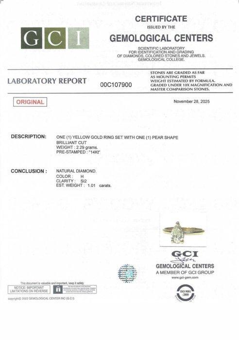 Zonder minimumprijs - Ring - 14 karaat Geel goud - 1.01ct., Handtassen en Accessoires, Ringen