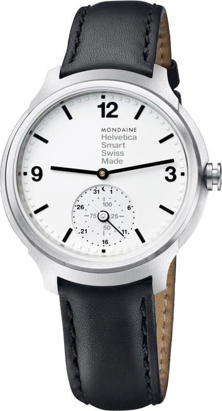 MON Helvetica1 Smart 44 ss Horloge wit/ zwart leren band, Handtassen en Accessoires, Horloges | Heren, Nieuw, Verzenden