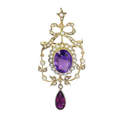 Hanger - 18 karaat Geel goud - Parel - Amethist, Antiek 1900, Handtassen en Accessoires, Antieke sieraden