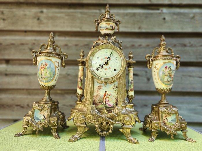 Klok en garnituur set (3) - Franz Hermle & Sohn - Messing,, Antiek en Kunst, Antiek | Klokken