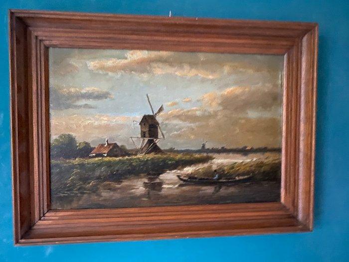 Hollandse School 20e eeuw - Polderlandschap met molen en, Antiek en Kunst, Kunst | Schilderijen | Klassiek