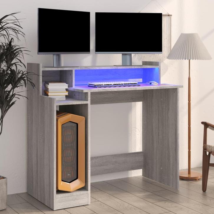 vidaXL Bureau met LED-verlichting 97x45x90 cm hout grijs, Huis en Inrichting, Bureaus, Nieuw, Verzenden