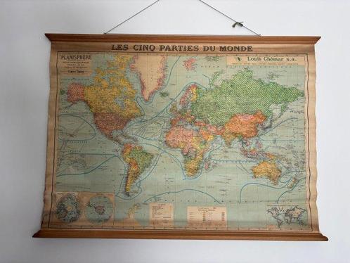 Grande affiche vintage original - Les cinq parties du monde, Antiek en Kunst, Antiek | Wandborden en Tegels