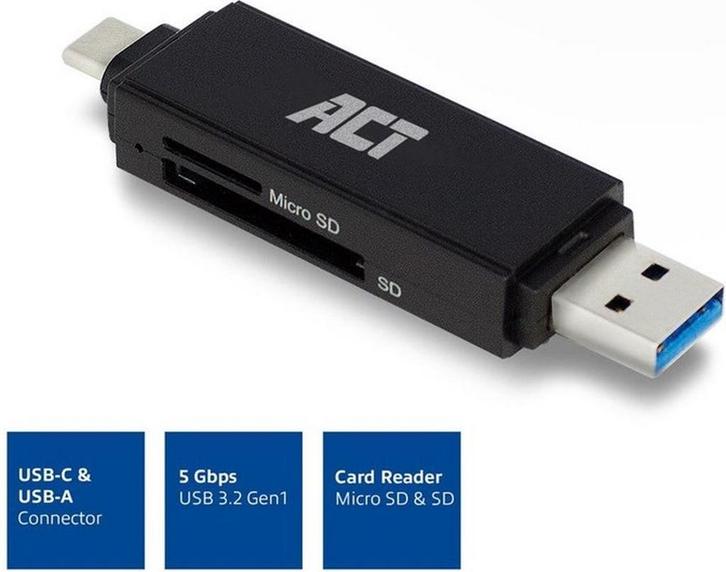 ACT USB 3.2 Card Reader SD/Micro SD USB-C Or USB-A Black, Audio, Tv en Foto, Foto | Geheugenkaarten, Nieuw, Ophalen of Verzenden