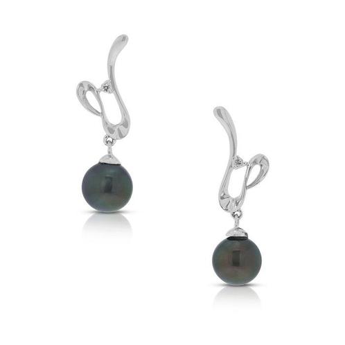 Oorbellen - 18 karaat Witgoud -  0.02ct. tw. Parel - Diamant, Handtassen en Accessoires, Oorbellen