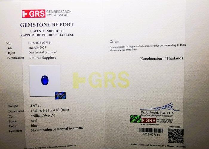 1 pcs Blauw Saffier - 4.97 ct - Gem research Swiss Lab (GRS), Handtassen en Accessoires, Edelstenen