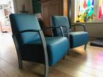 Set van 2 leren fauteuils met stalen frame - blauw leer -, Nieuw, Industrieel, Leer, Ophalen of Verzenden