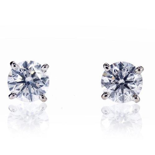 1.04 Ct E-F/SI1 Round Diamond Earrings - 14 carats Or blanc, Handtassen en Accessoires, Antieke sieraden