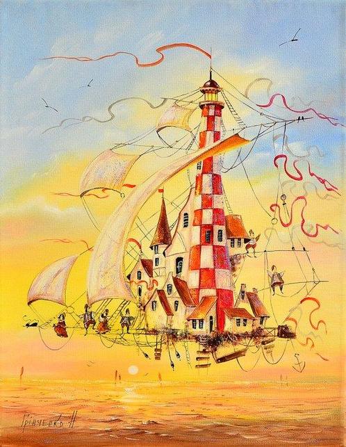 Grinchenko Natalia (XX-XXI) - Flying Dutchmen - Lighthouse, Antiquités & Art, Art | Peinture | Classique