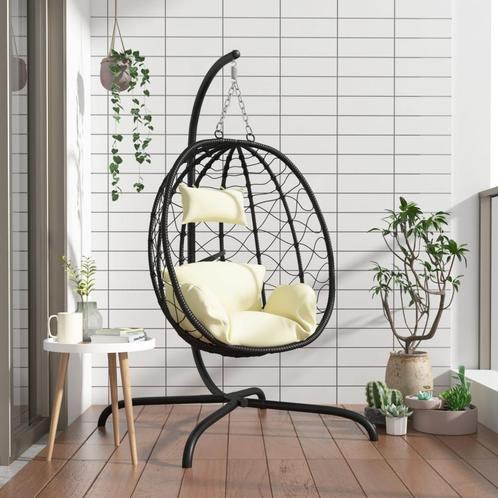 vidaXL Hangstoel met kussen poly rattan en staal crèmewit, Tuin en Terras, Overige Tuin en Terras, Nieuw, Verzenden