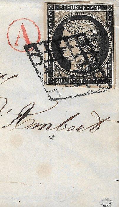 Frankrijk 1849 - Zeer zeldzaam 20 centimes zwart, Postzegels en Munten, Postzegels | Europa | Frankrijk