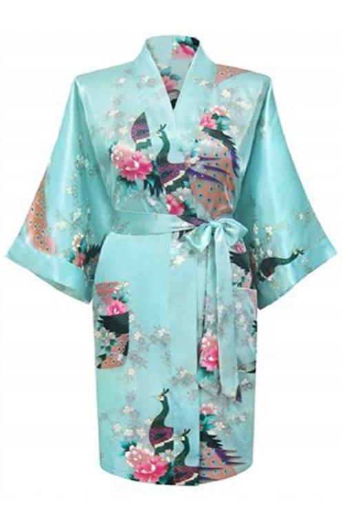 KIMU® Kimono Lichtblauw Kort M-L Yukata Satijn Boven de Knie, Kleding | Dames, Carnavalskleding en Feestkleding, Nieuw, Ophalen of Verzenden