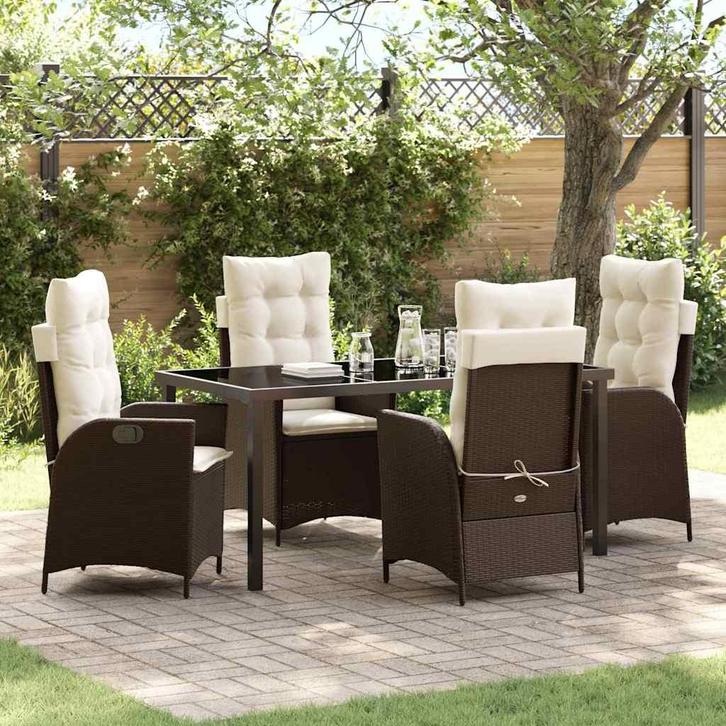 vidaXL Tuin Eettafel Set met kussen 5 pcs Bruin poly rattan, Tuin en Terras, Tuinsets en Loungesets, Nieuw, Verzenden