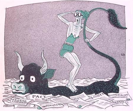 Spotprent over zwemmen in de paperassen van Europa (Lithos), Antiek en Kunst, Kunst | Litho's en Zeefdrukken, Verzenden
