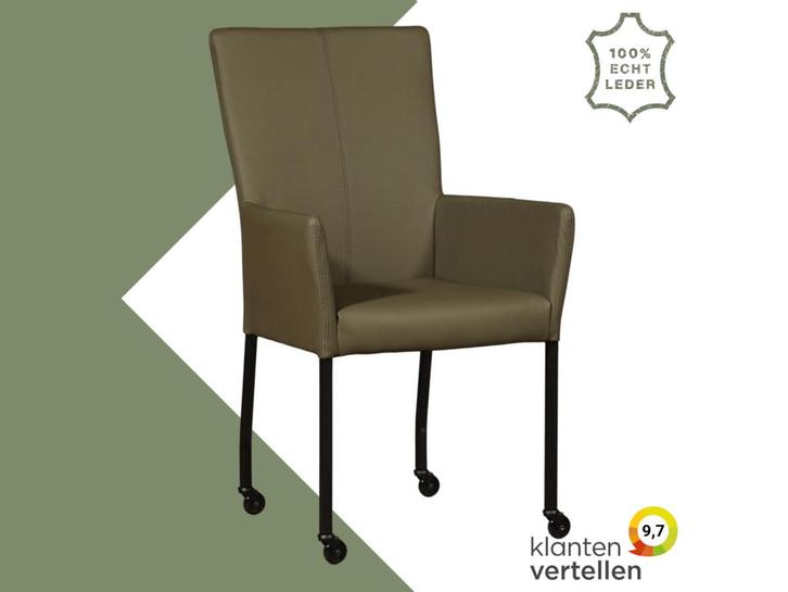 Leren eetkamerstoel Deal met armleuning - Toledo Olive, Huis en Inrichting, Stoelen, Overige kleuren, Eén, Nieuw, Leer, Ophalen of Verzenden