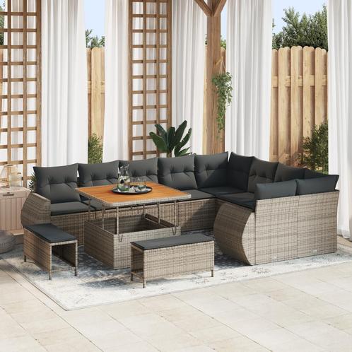 vidaXL 12-delige tuinset met kussens - Grijs Poly Rattan, Tuin en Terras, Tuinsets en Loungesets, Nieuw, Verzenden