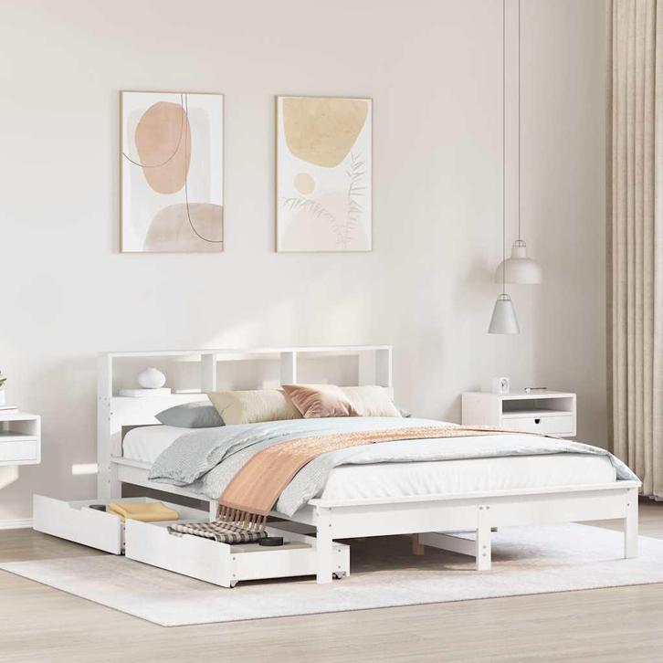 vidaXL Bed met boekenkast zonder matras grenenhout wit, Maison & Meubles, Chambre à coucher | Lits, Envoi