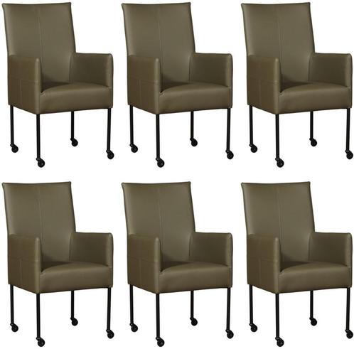 Set van 6 Olijfgroene leren moderne eetkamerstoelen - poot, Huis en Inrichting, Stoelen, Overige kleuren, Vijf, Zes of meer stoelen