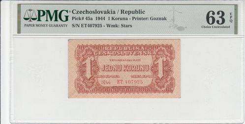 1944 Czechoslovakia P 45a 1 Koruna Pmg 63 Epq, Timbres & Monnaies, Billets de banque | Europe | Billets non-euro, Envoi