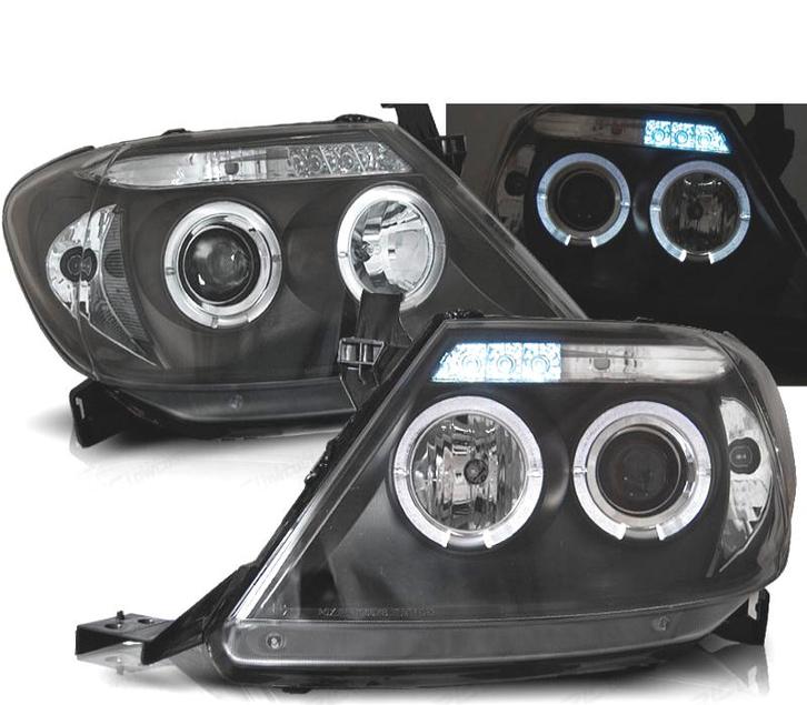 PHARES POUR TOYOTA HILUX 05-11 ANGEL EYES LED NOIR, Auto-onderdelen, Verlichting, Verzenden