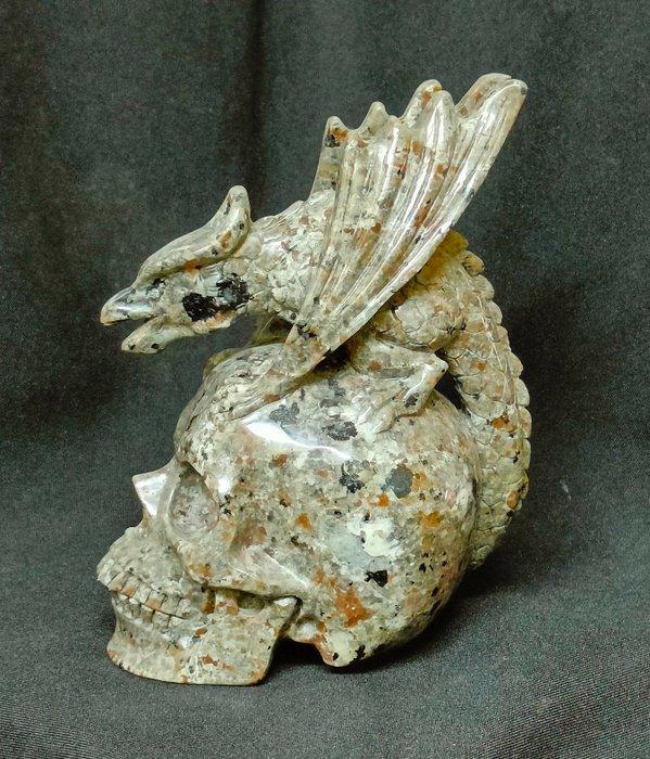 Drakensculptuur op schedel, met de hand uitgehouwen in, Verzamelen, Mineralen en Fossielen