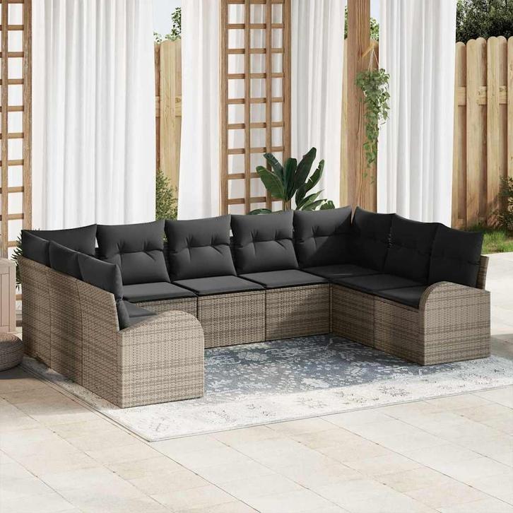 vidaXL Bankstel met kussen 9 pcs Grijs Poly Riet, Tuin en Terras, Tuinsets en Loungesets, Nieuw, Verzenden