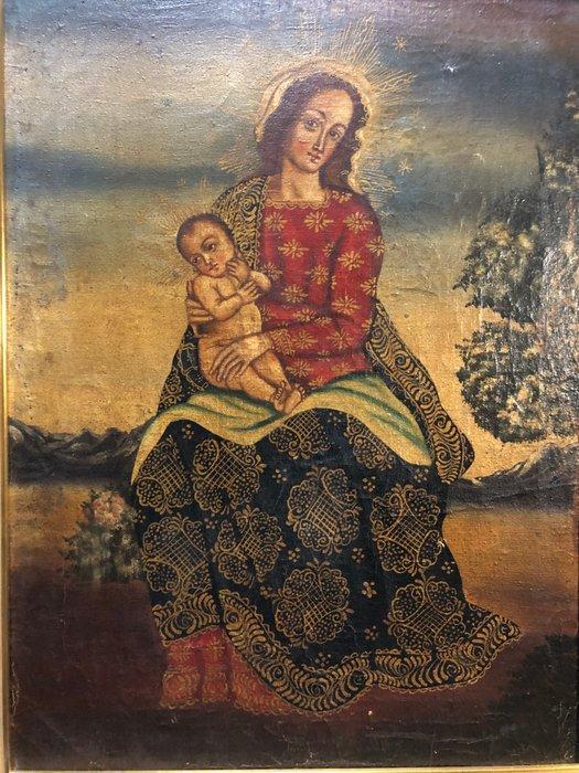 Escuela cuzqueña (XX) - Virgen y Niño, Antiek en Kunst, Kunst | Schilderijen | Klassiek