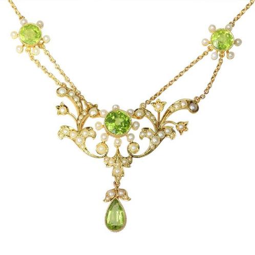Halsketting - 15 karaat Geel goud - Parel - Peridoot, Antiek, Handtassen en Accessoires, Kettingen
