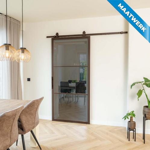 Stalen Schuifdeur - 3 Vlaks - Brons - Maatwerk - Rook glas, Doe-het-zelf en Bouw, Raamkozijnen en Schuifdeuren, Nieuw, Inclusief glas