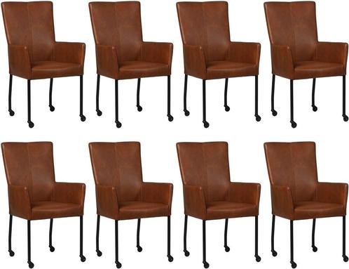 Set van 8 Cognac leren moderne eetkamerstoelen - met, Huis en Inrichting, Stoelen, Overige kleuren, Vijf, Zes of meer stoelen