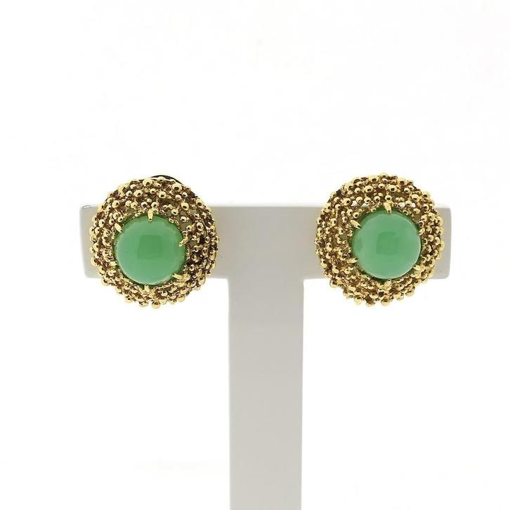 Gouden oorclips met chrysopraas (Oorbellen), Handtassen en Accessoires, Oorbellen, Overige kleuren, Gebruikt, Met edelsteen, Goud