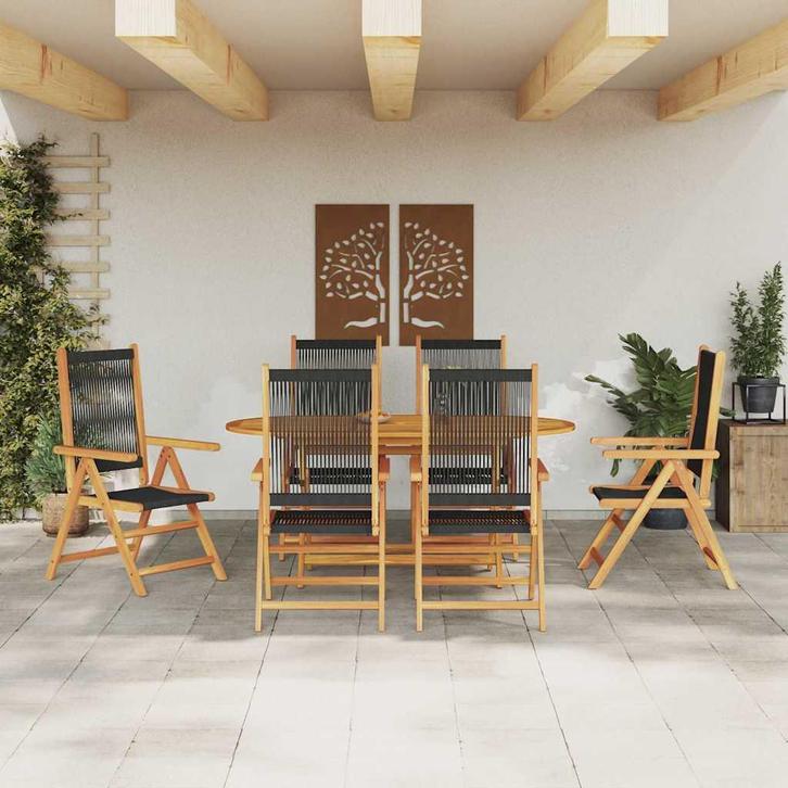 vidaXL Tuin Eettafel Set 7 pcs Zwart Massief acaciahout en, Tuin en Terras, Tuinsets en Loungesets, Nieuw, Verzenden